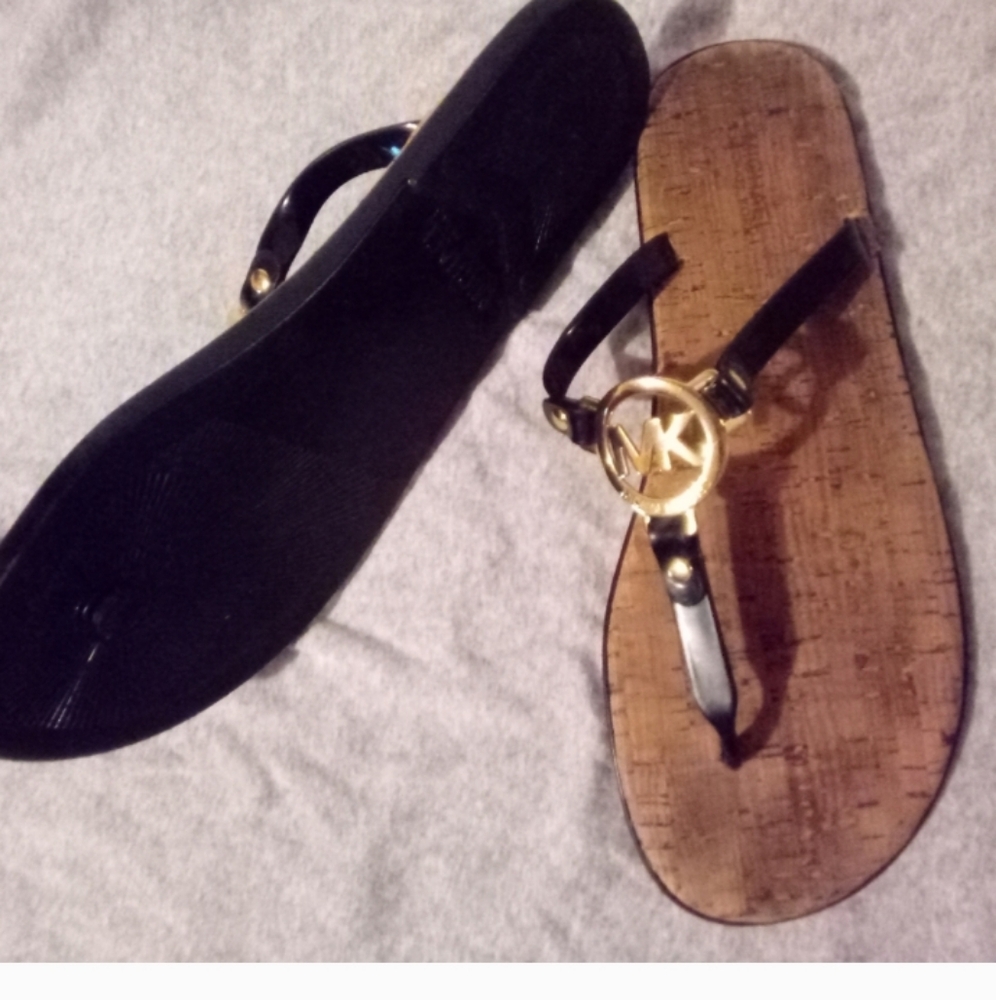 Michael Kors Black and Tan Sandals with Metallic Accent
